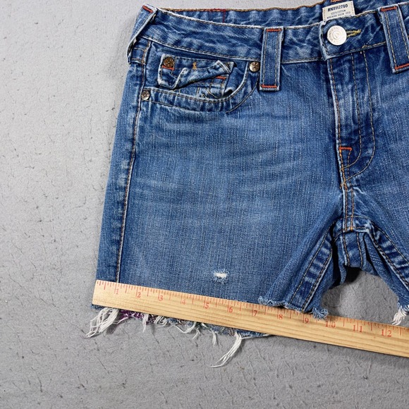 True Religion Denim Shorts Women 32 Embroidered Cutoff Distressed USA Made - Picture 3 of 10